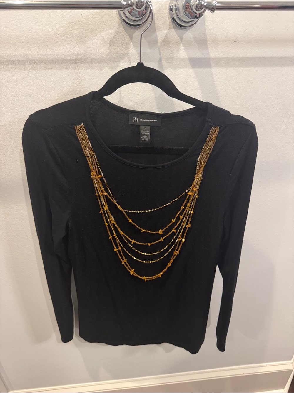 INC International Concept Black Long-Sleeve Top with Gold Beaded Necklace Accent